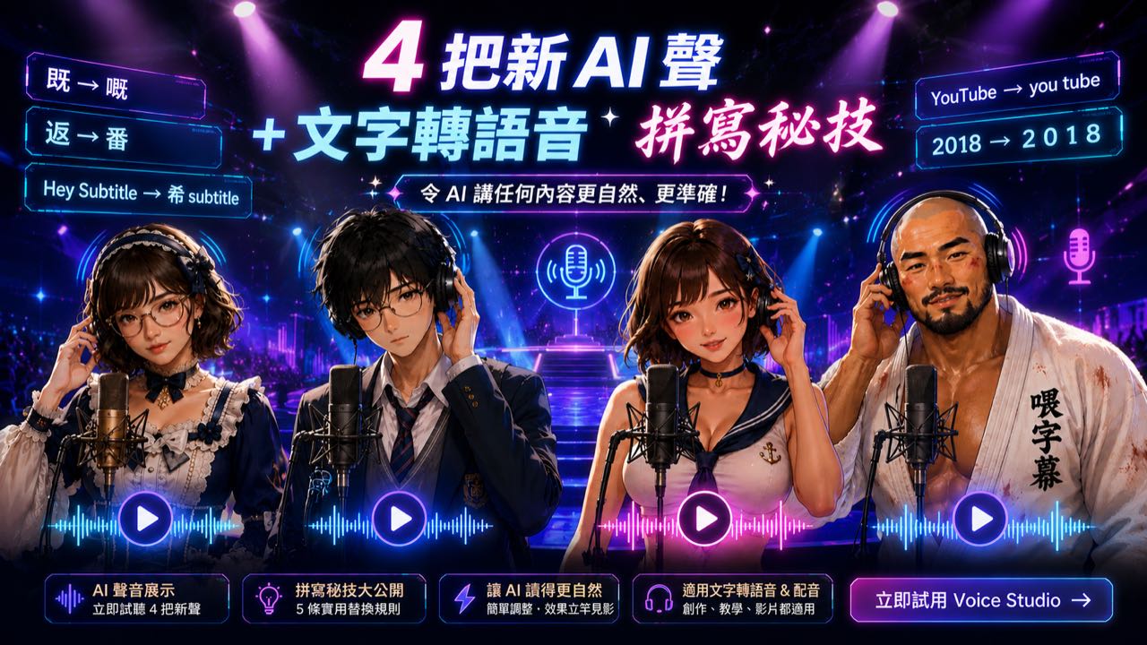 新增 4 把真人配音聲｜配音工作流 + 文字轉語音秘技